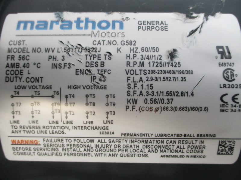 MARATHON MOTORS G582 56T17F5322J 208-230/460//190/380V 2.9-3/1.5//2.7/1.35A (AS PICTURED) UNMP