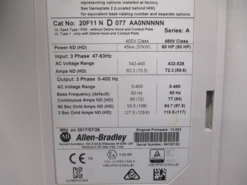 ALLEN BRADLEY 20F11ND077AA0NNNNN SER. A F/W 13.003 480VAC 72.3A NSNP