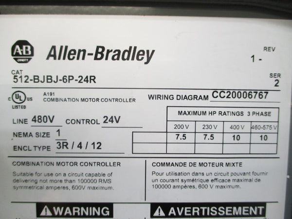 ALLEN BRADLEY 512-BJBJ-6P-24R SER. 2 480VAC REV. 1 UNMP
