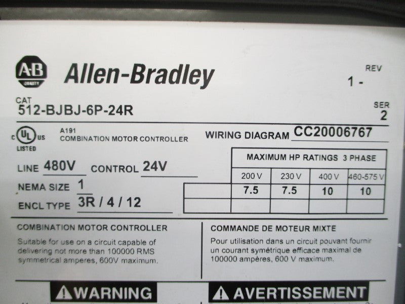 ALLEN BRADLEY 512-BJBJ-6P-24R SER. 2 480VAC REV. 1 UNMP