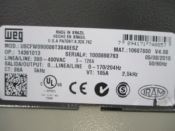 WEG USCFW090086T3848ESZ 480VAC 3-126A UNMP