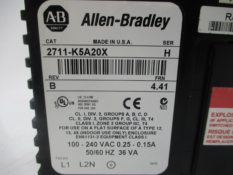 ALLEN BRADLEY 2711-K5A20X SER. H F/W 4.41 100-240VAC 0.25-0.15A REV. B NSNP