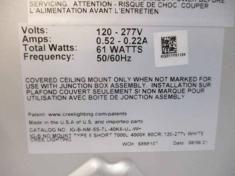 CREE LIGHTING IG-B-NM-5S-7L-40K8-UL-WH 120-277V 0.52-0.22A NSMP