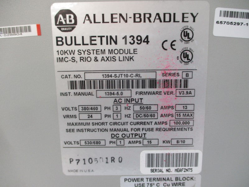 ALLEN BRADLEY 1394-SJT10-C-RL SER. B F/W V3.9A 380/460VAC 13A UNMP