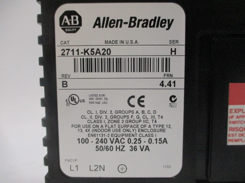 ALLEN BRADLEY 2711-K5A20 SER. H F/W 4.41 100-240VAC 0.25-0.15A REV. B (AS IS) NSNP