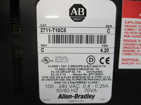 ALLEN BRADLEY 2711-T10C8 SER. C F/W 4.20 100-240VAC 0.4-0.25A REV. C (AS PICTURED) NSNP