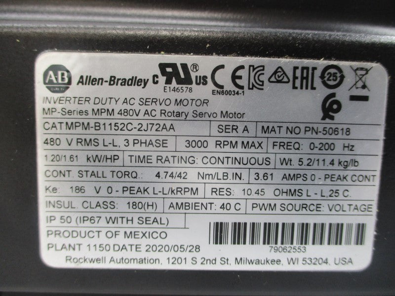 ALLEN BRADLEY MPM-B1152C-2J72AA SER. A 480VAC 3.61A NSMP