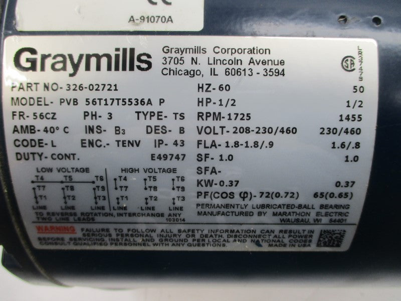 GRAYMILLS DSW409-1/2F 326-02721 56T17T5536A 208-230/460V 1.8-1.8/.9A NSNP