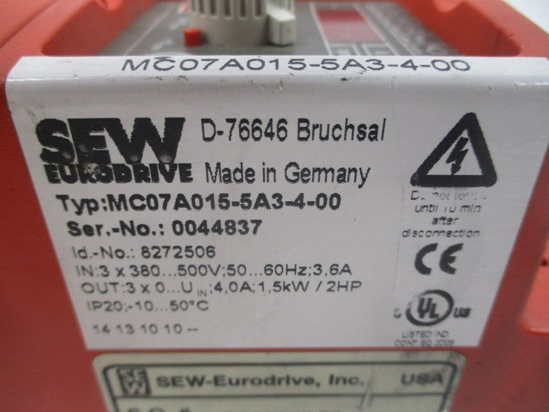 SEW EURODRIVE MC07A015-5A3-4-00 8272506 380-500V 3.6A (AS PICTURED) UNMP