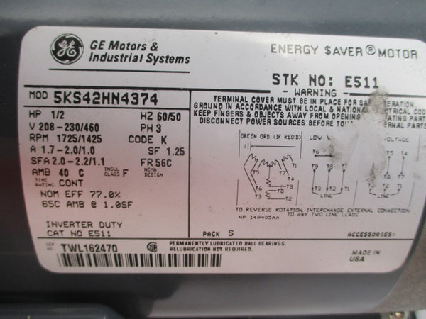DIA-VAC PUMPS R222-BP-ME3 W/ GENERAL ELECTRIC 5KS42HN4374 E511 208-230/460V 1.7-2.0/1.0A NSNP