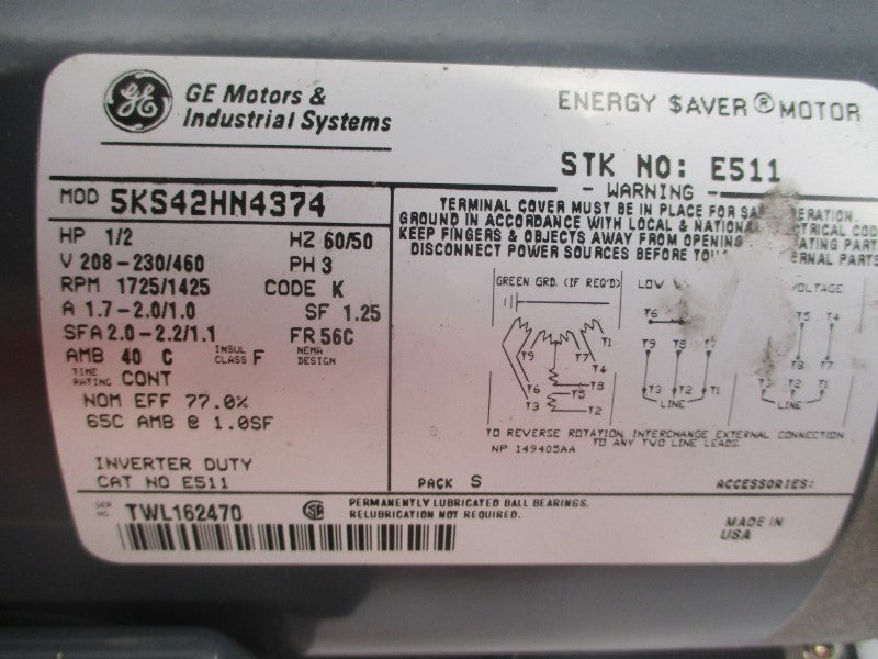 DIA-VAC PUMPS R222-BP-ME3 W/ GENERAL ELECTRIC 5KS42HN4374 E511 208-230/460V 1.7-2.0/1.0A NSNP