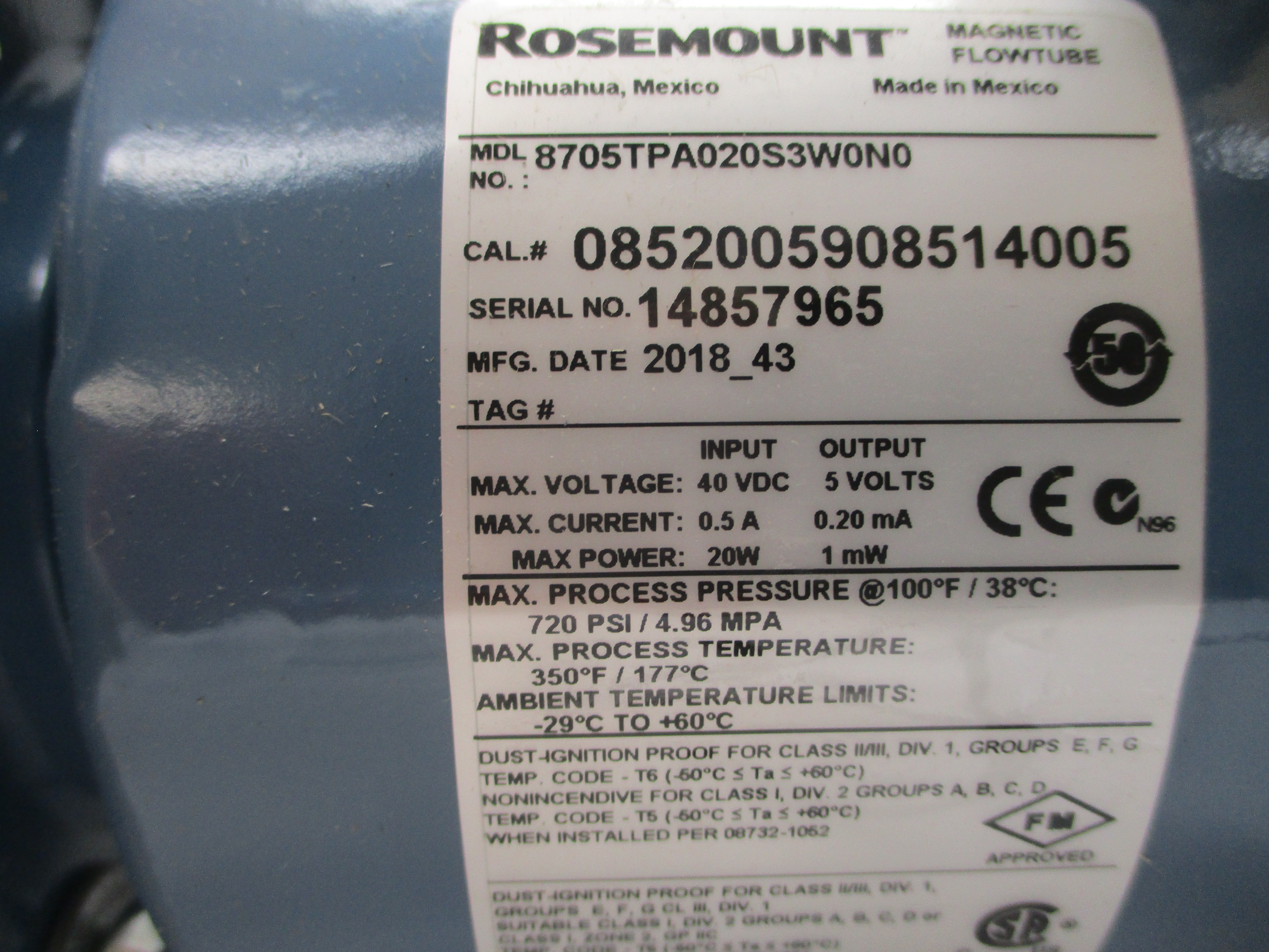 ROSEMOUNT 8705TPA020S3W0N0 40VDC 0.5A 720PSI NSMP