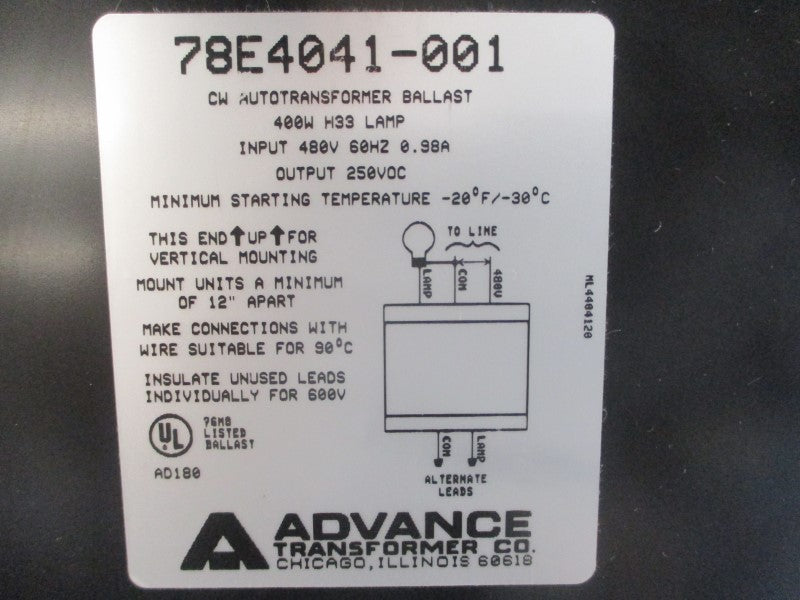 ADVANCE TRANSFORMER 78E4041-001 480V 0.98A NSMP