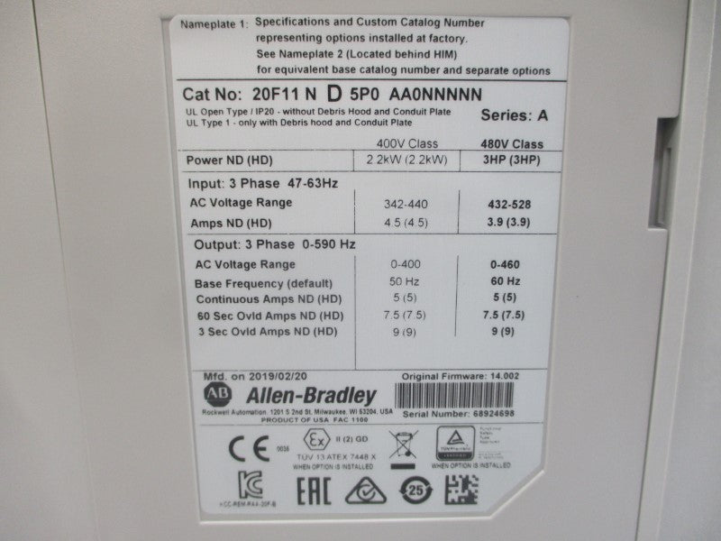 ALLEN BRADLEY 20F11ND5P0AA0NNNNN SER. A F/W 14.002 480VAC 5A NSMP