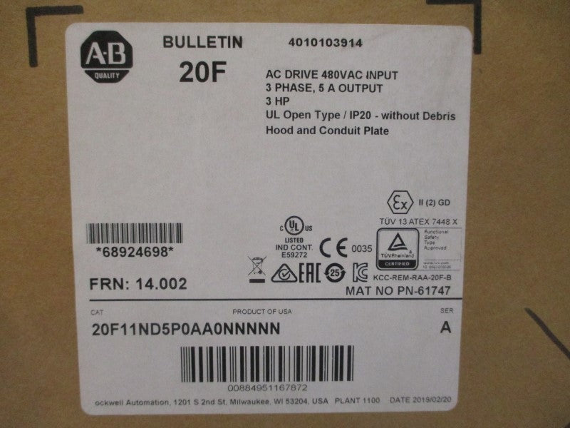 ALLEN BRADLEY 20F11ND5P0AA0NNNNN SER. A F/W 14.002 480VAC 5A NSMP