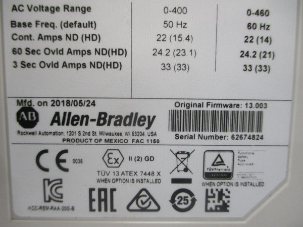 ALLEN BRADLEY 20G11ND022AA0NNNNN SER. A F/W 13.003 480VAC 22A NSNP