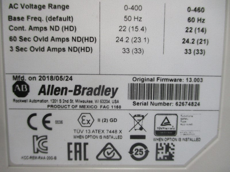 ALLEN BRADLEY 20G11ND022AA0NNNNN SER. A F/W 13.003 480VAC 22A NSNP