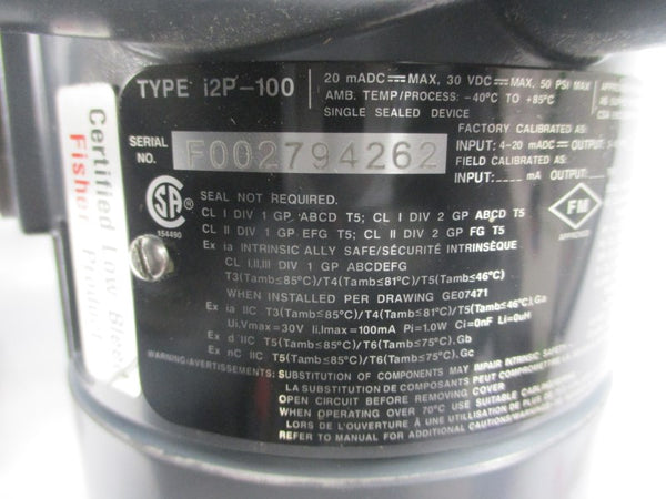 FISHER I2P-100 30VDC 50PSI (AS PICTURED) NSNP