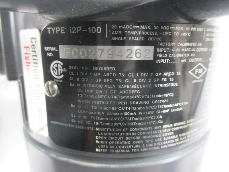 FISHER I2P-100 30VDC 50PSI (AS PICTURED) NSNP