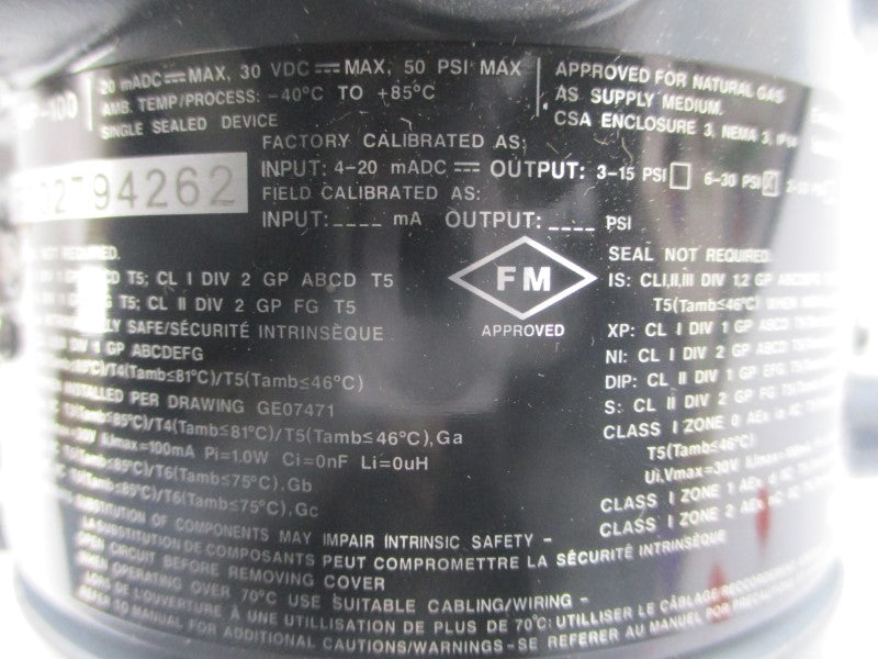 FISHER I2P-100 30VDC 50PSI (AS PICTURED) NSNP