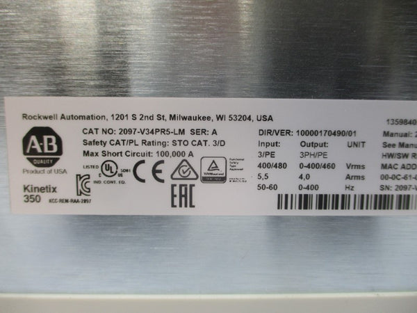 ALLEN BRADLEY 2097-V34PR5-LM SER. A 400/480VAC 4.0A REV. 3.06/22 NSMP