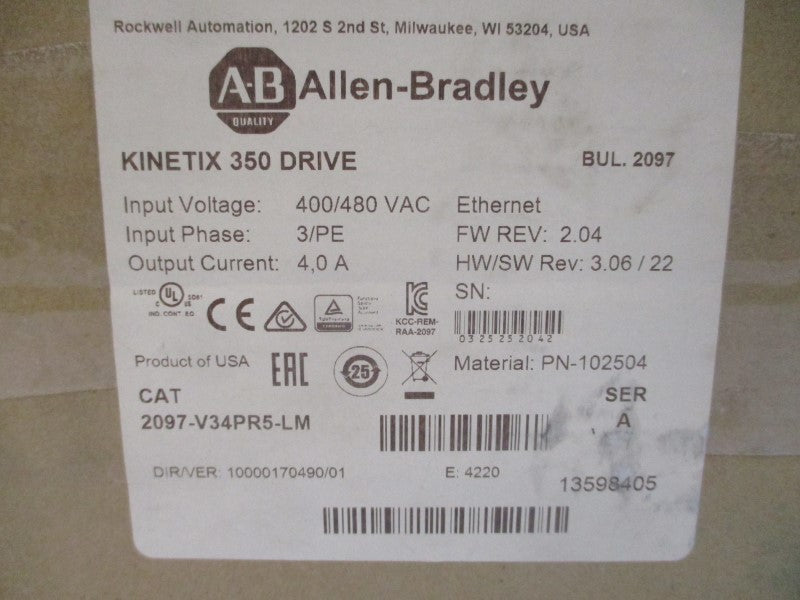ALLEN BRADLEY 2097-V34PR5-LM SER. A 400/480VAC 4.0A REV. 3.06/22 NSMP