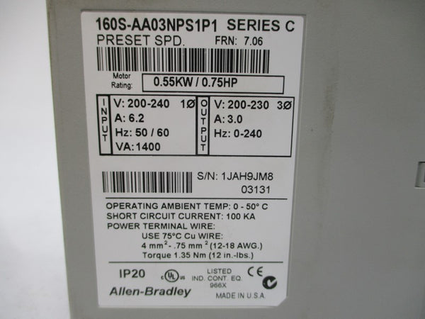 ALLEN BRADLEY 160S-AA03NPS1P1 SER. C F/W 7.06 200-240VAC 6.2A NSMP