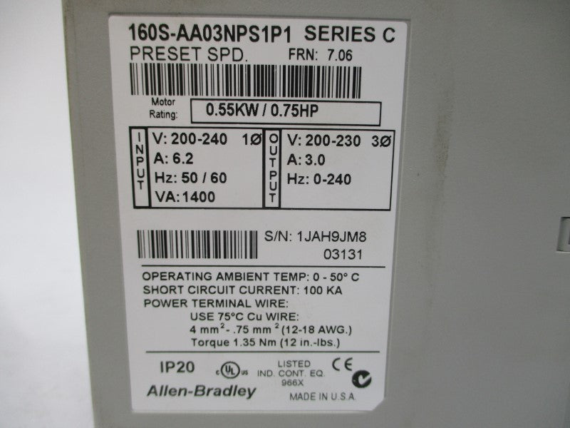 ALLEN BRADLEY 160S-AA03NPS1P1 SER. C F/W 7.06 200-240VAC 6.2A NSMP