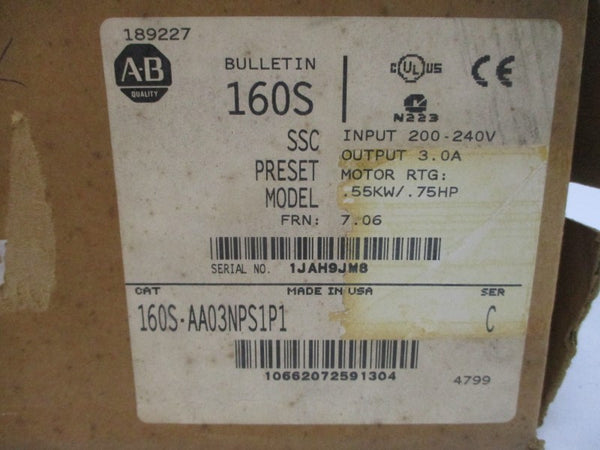 ALLEN BRADLEY 160S-AA03NPS1P1 SER. C F/W 7.06 200-240VAC 6.2A NSMP