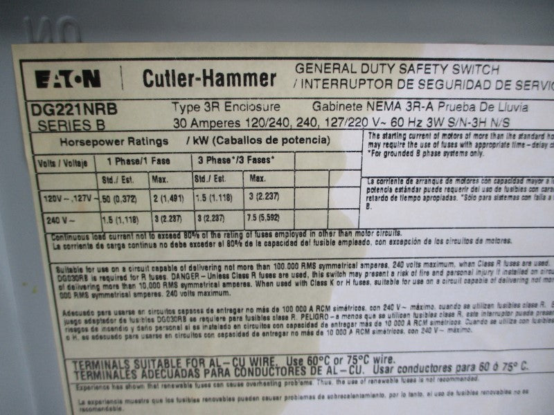 CUTLER HAMMER DG221NRB SER. B 240V 30A NSMP