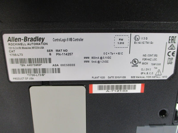 ALLEN BRADLEY 1756-L73 SER. B F/W 1.010 5.1VDC NSMP