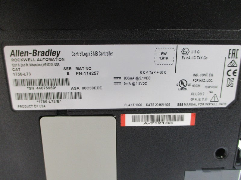 ALLEN BRADLEY 1756-L73 SER. B F/W 1.010 5.1VDC NSMP