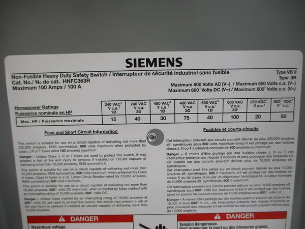 SIEMENS HNFC363R 600VAC/DC 100A NSMP