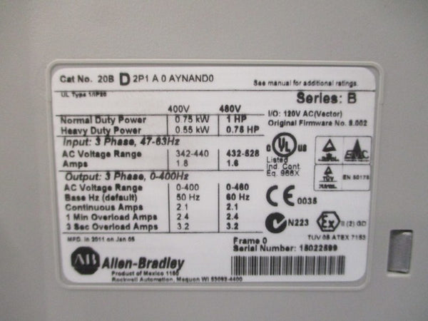 ALLEN BRADLEY 20BD2P1A0AYNAND0 SER. B F/W 8.0002 480VAC 2.1A NSMP