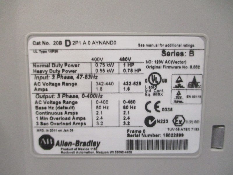 ALLEN BRADLEY 20BD2P1A0AYNAND0 SER. B F/W 8.0002 480VAC 2.1A NSMP