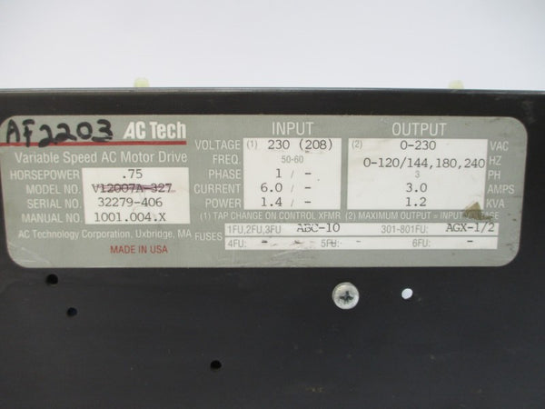 AC TECHNOLOGY V12007A-327 208-230VAC 6.0A NSNP