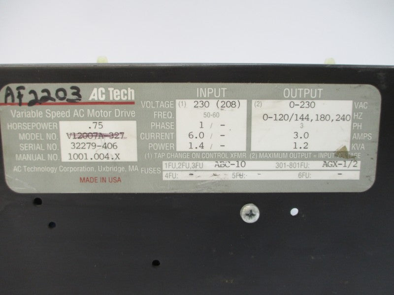 AC TECHNOLOGY V12007A-327 208-230VAC 6.0A NSNP