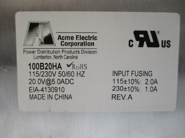 ACME ELECTRIC 100B20HA 115/230V 1.0/2.0A REV. A NSMP