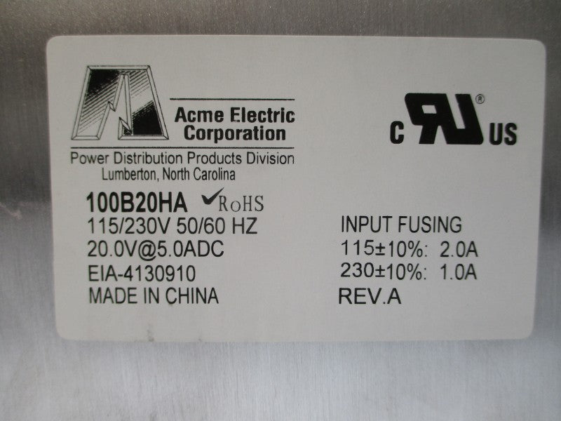 ACME ELECTRIC 100B20HA 115/230V 1.0/2.0A REV. A NSMP
