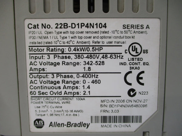 ALLEN BRADLEY 22B-D1P4N104 SER. A F/W 3.03 380-480VAC 1.4A NSNP