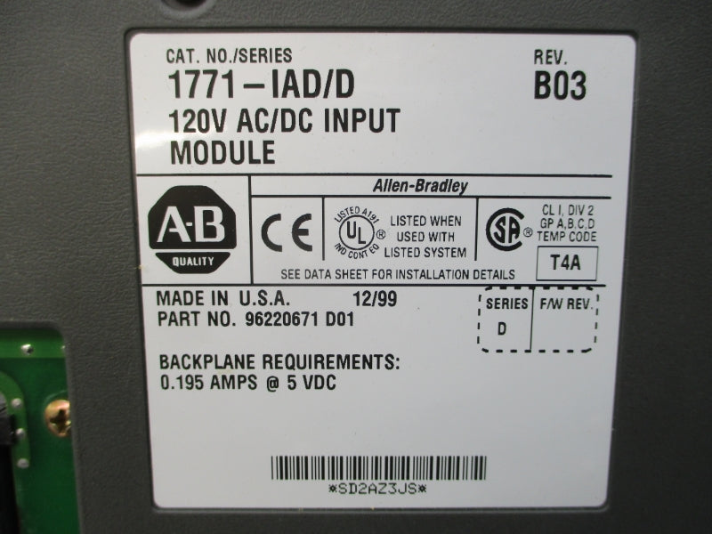 ALLEN BRADLEY 1771-IAD SER. D 120VAC/DC 0.195A REV. B03 UNMP