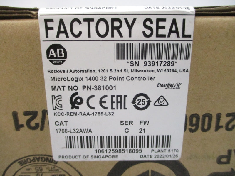 ALLEN BRADLEY 1766-L32AWA SER. C F/W 21 DATE: 2022 NSFS