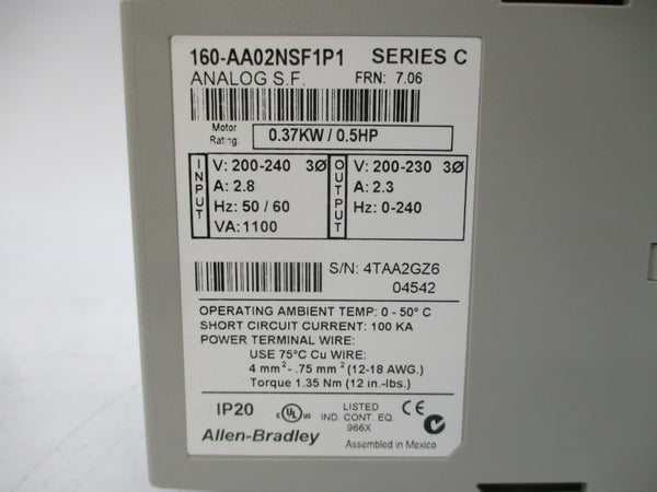 ALLEN BRADLEY 160-AA02NSF1P1 SER. C F/W 7.06 200-240V 2.8A NSMP