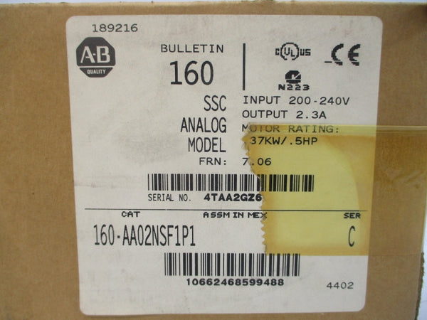 ALLEN BRADLEY 160-AA02NSF1P1 SER. C F/W 7.06 200-240V 2.8A NSMP