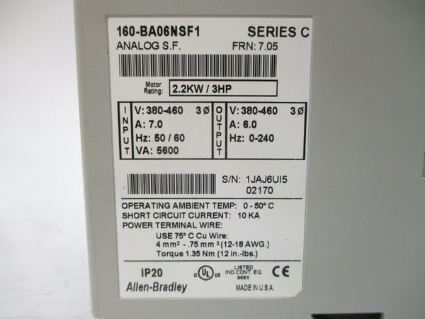 ALLEN BRADLEY 160-BA06NSF1 SER. C F/W 7.05 380-460V 7.0A (BR/WH) NSMP