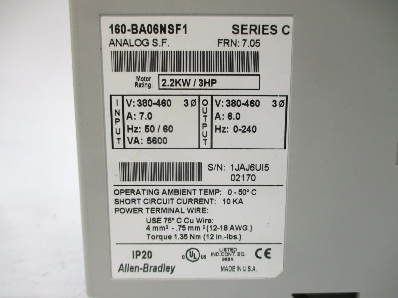 ALLEN BRADLEY 160-BA06NSF1 SER. C F/W 7.05 380-460V 7.0A (BR/WH) NSMP