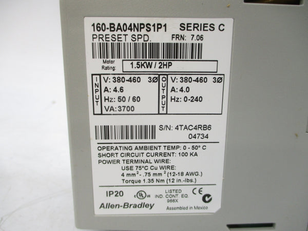 ALLEN BRADLEY 160-BA04NPS1P1 SER. C F/W 7.06 380-460V 4.6A (BR/WH) NSMP