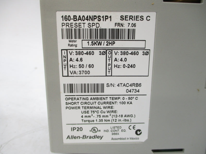 ALLEN BRADLEY 160-BA04NPS1P1 SER. C F/W 7.06 380-460V 4.6A (BR/WH) NSMP