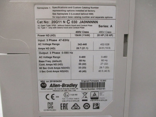 ALLEN BRADLEY 20G11NC030JA0NNNNN SER. A F/W 13.003 480VAC 27A UNMP