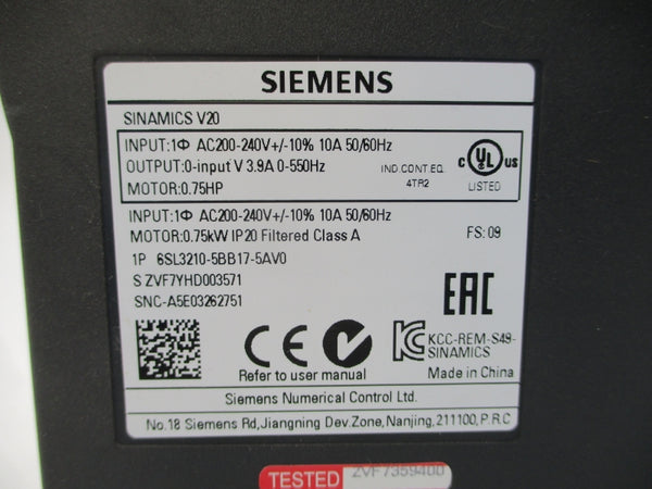 SIEMENS 6SL3210-5BB17-5AV0 200-240VAC 10A UNMP